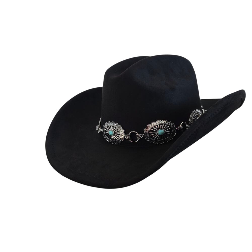 Boutique Western Black Cowboy Hat with Faux Turquoise & Silver Concho Band - Picture 2 of 7